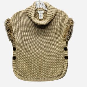 Aspen Kids Size M Tan Knit Turtleneck Poncho Sweater w/Buttons Faux Fur Trim